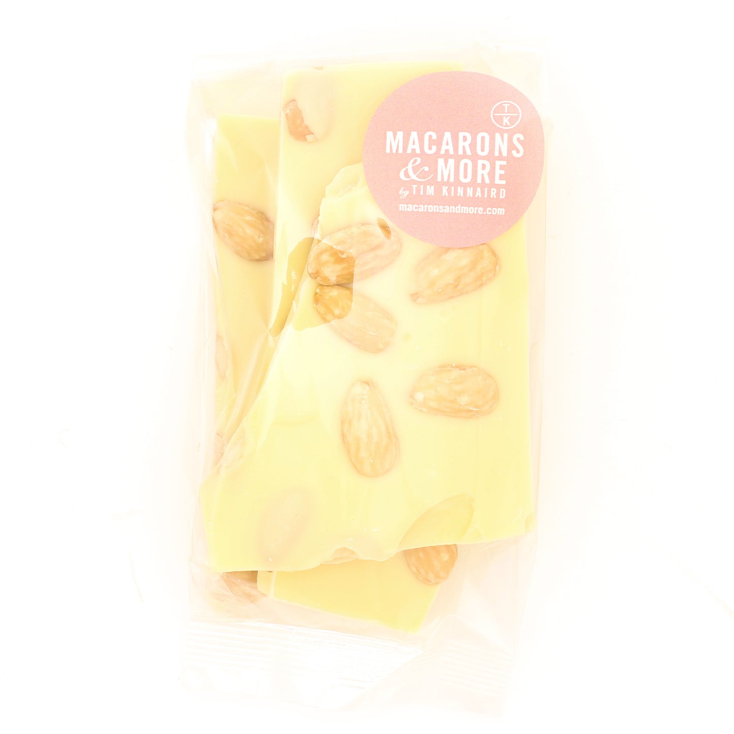Almond and White Chocolate Bark packaged in a clear bag.