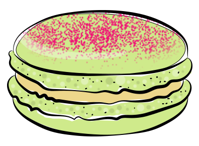 Pale green macaron shell with pink speckles and light brown filling.