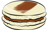 Pale macaron shell brushed with brown decoration and a caramel brown ganache filling.