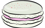White macaron shell with sprinkles and a pink buttercream filling.