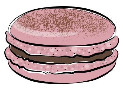 Pink speckled macaron shell with a dark chocolate ganache filling.