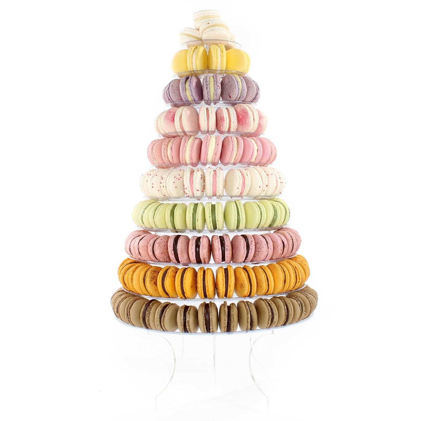 A colourful 10 tiered macaron tower.
