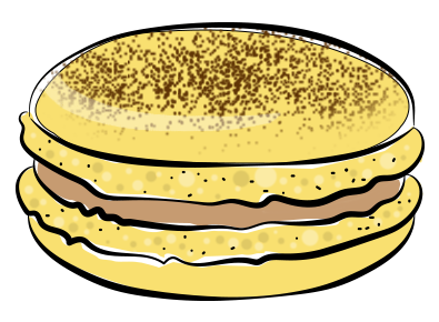 Yellow speckled macaron shell with a light brown filling.