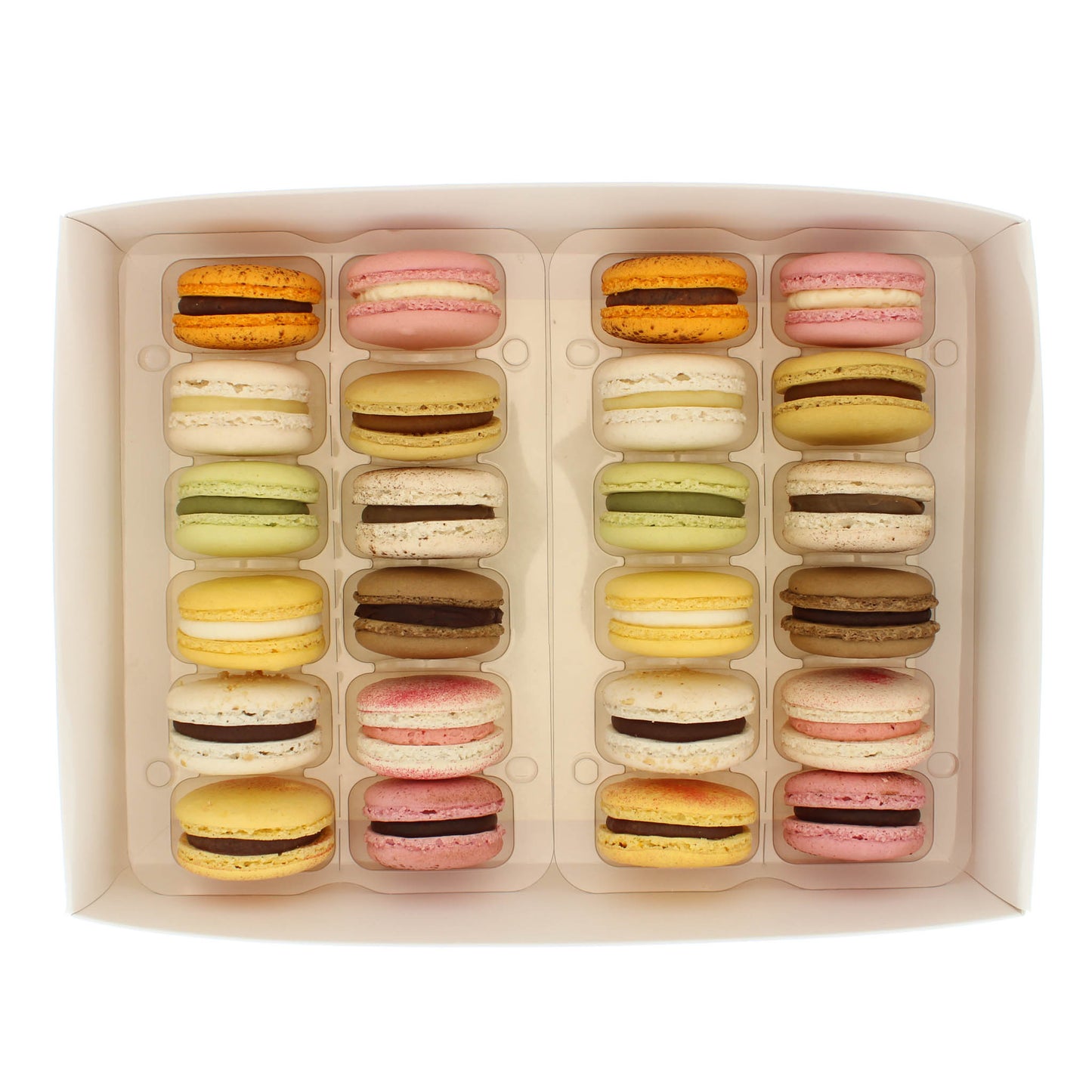 A gift box of 24 signature mixed macarons with visible different colours including pink, blue and white. Flavours include pistachio and vanilla, and others.
