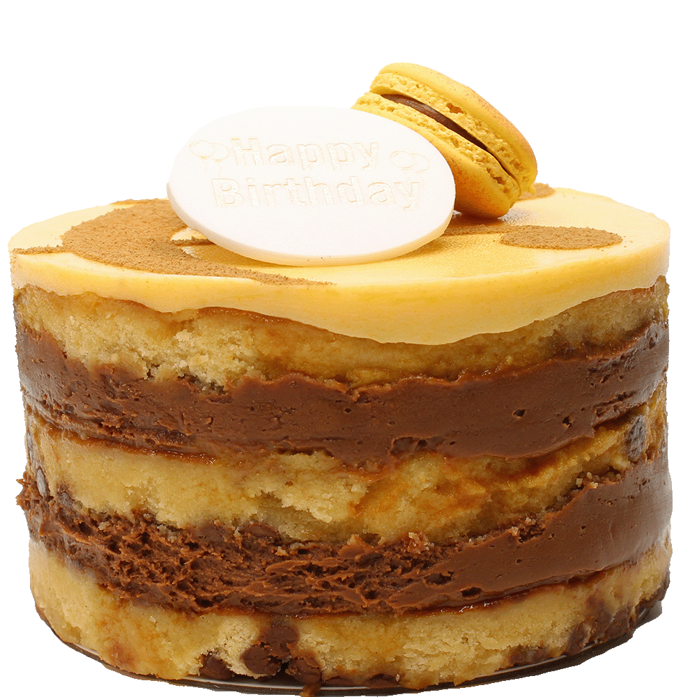 A Passionfruit and Milk Chocolate cake with multiple layers, toped with icing, macarons and a curly ampersand design and a 'Happy Birthday' plaque.