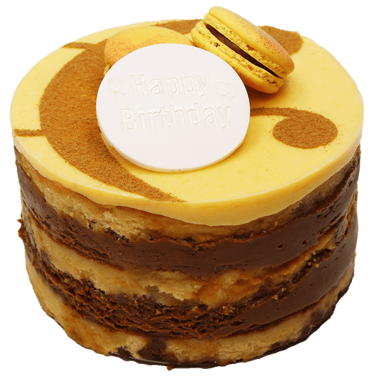 A Passionfruit and Milk Chocolate cake with multiple layers, toped with icing, macarons and a curly ampersand design and a 'Happy Birthday' plaque.