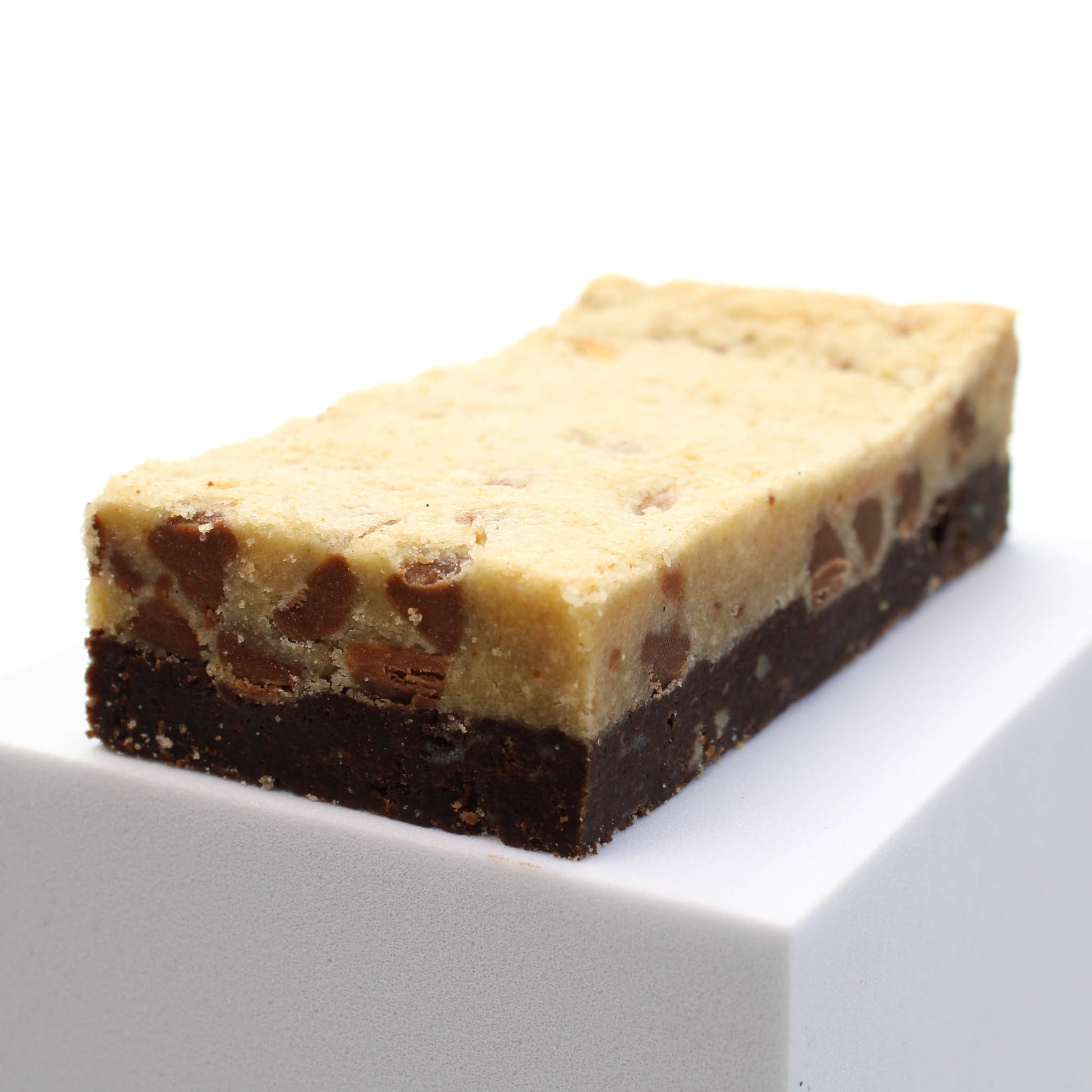 Brookie bar showing two distinct layers. Choose this homemade bar for your brownie gift box.