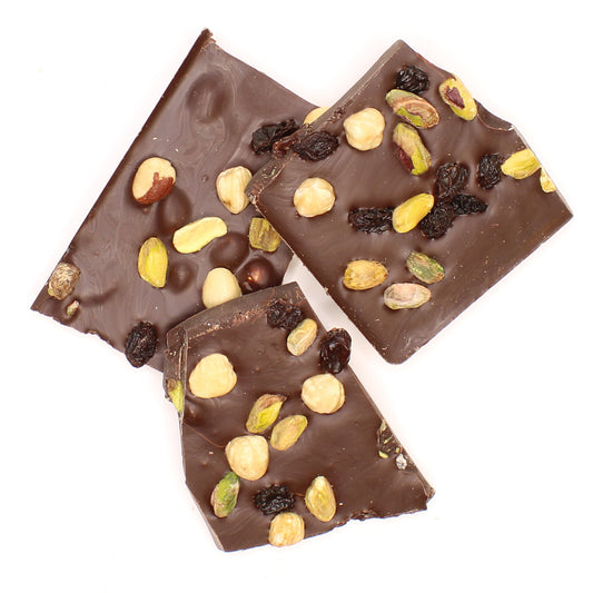 Dark Chocolate Fruit and Nut Bark broken into pieces.