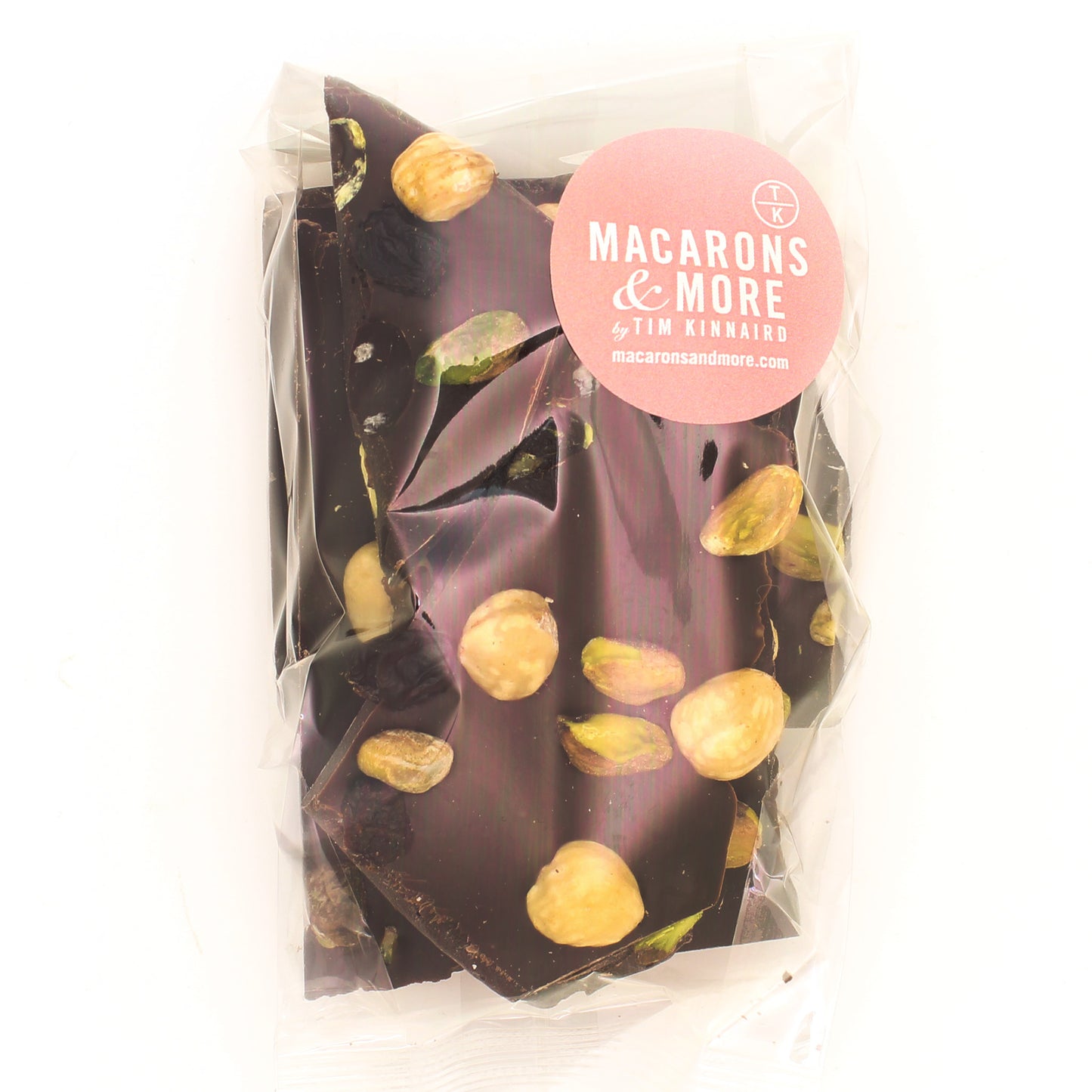 Dark Chocolate Fruit and Nut Bark packaged in a clear bag.