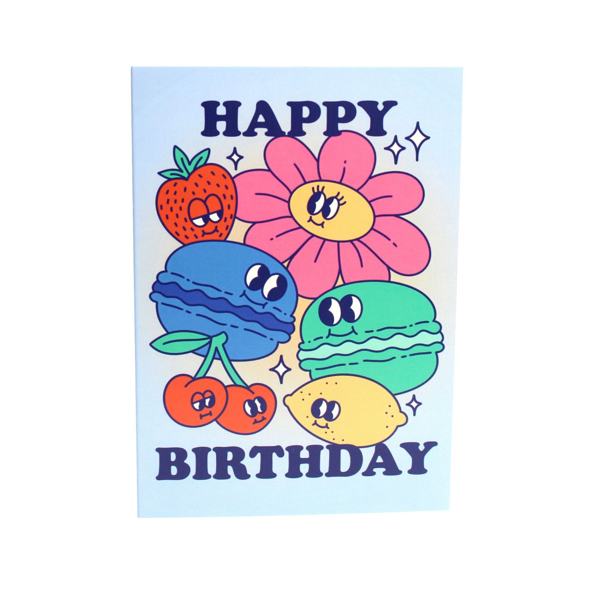 Blue card with colour illustrations of cartoon macarons, fruits and flowers with the text 'happy birthday'