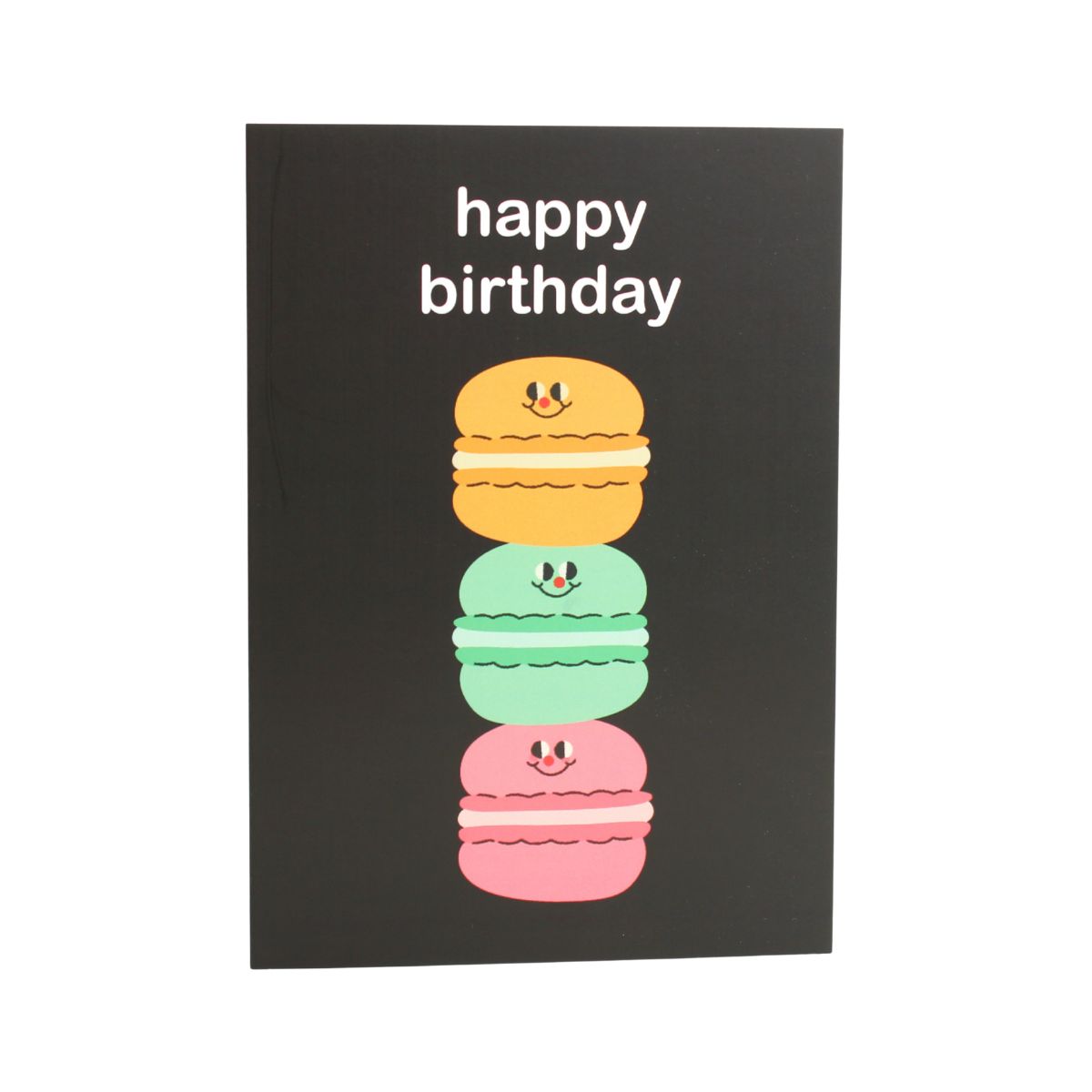 Black birthday card with colourful macaron illustration of three macarons stacked on top of one another and 'happy birthday' text