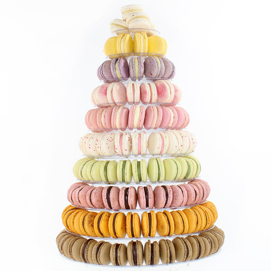 A colourful 10 tiered macaron tower.