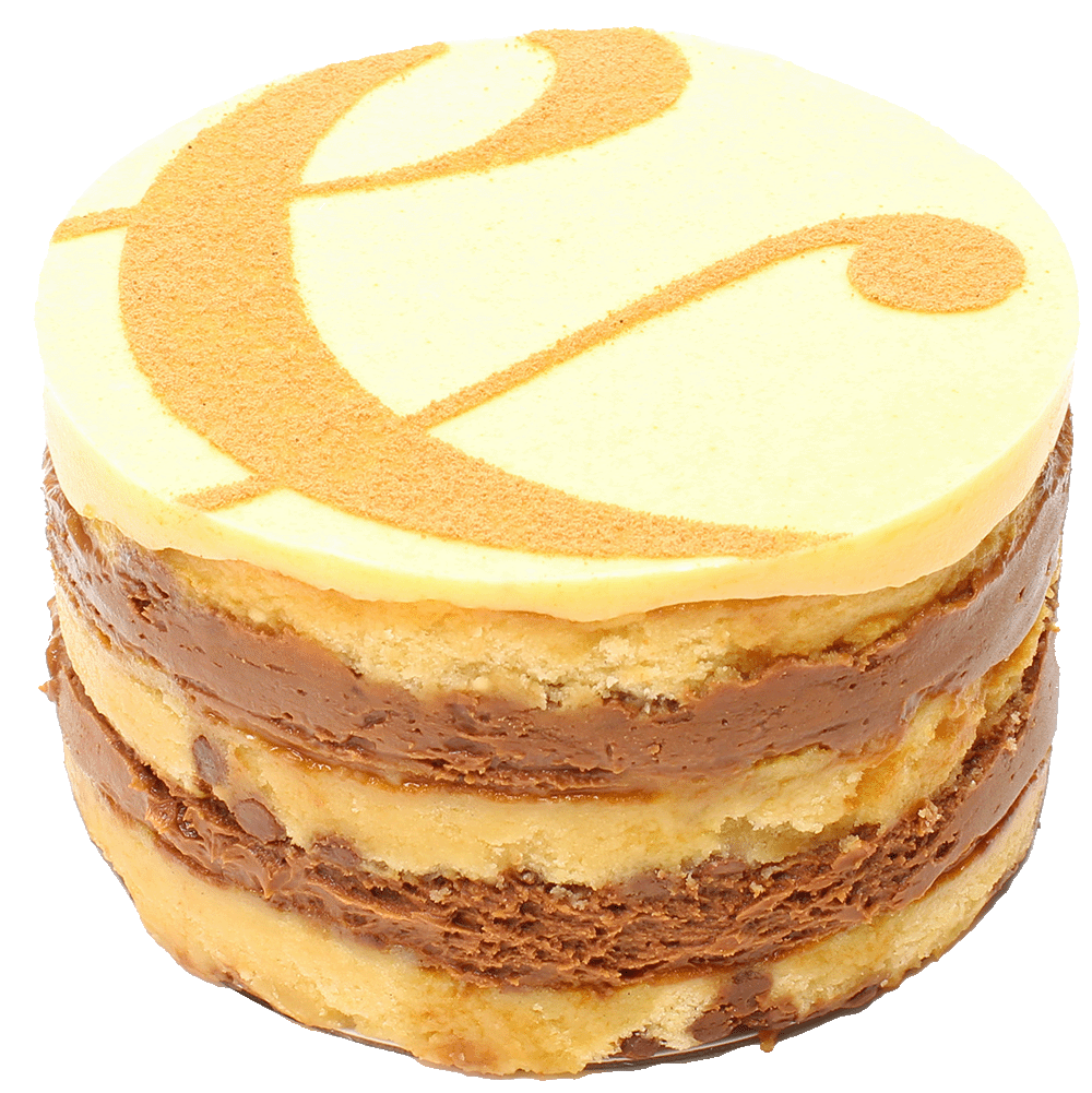 A Passionfruit and Milk Chocolate cake with multiple layers, toped with icing and a curly ampersand design.