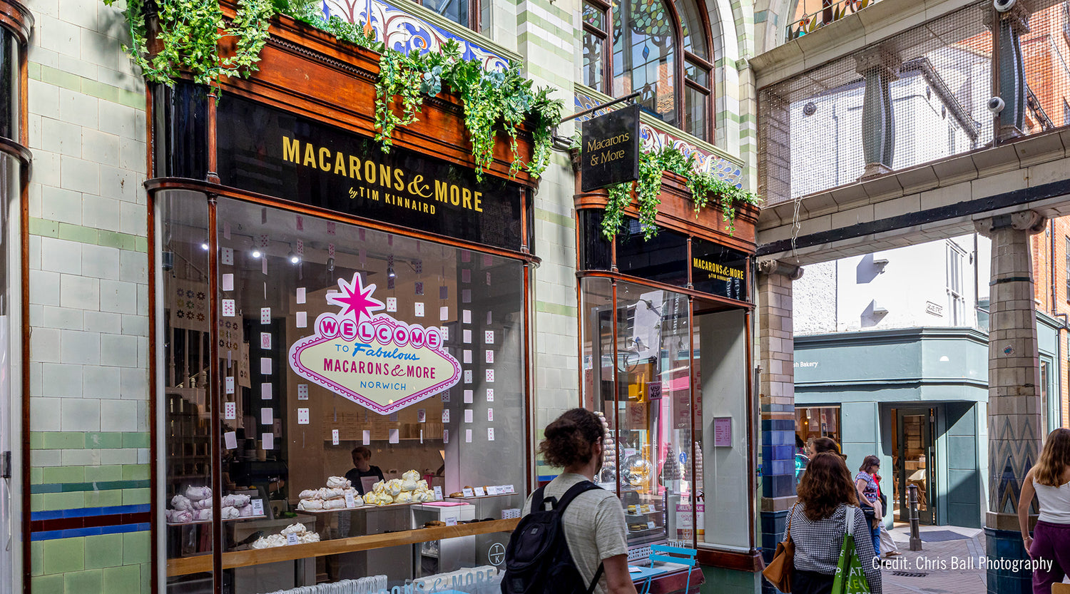 Our shop on the corner of the Royal Arcade, Norwich.