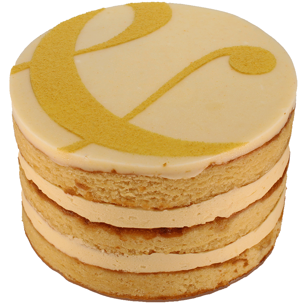 A Salted Caramel cake with multiple layers, toped with icing and a curly ampersand design.