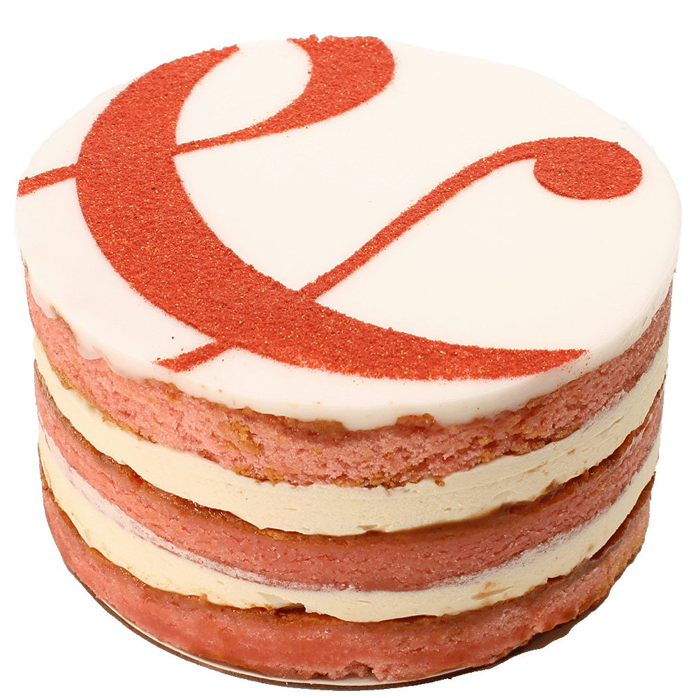 A Strawberries & Cream cake with multiple layers, toped with icing and a curly ampersand design.