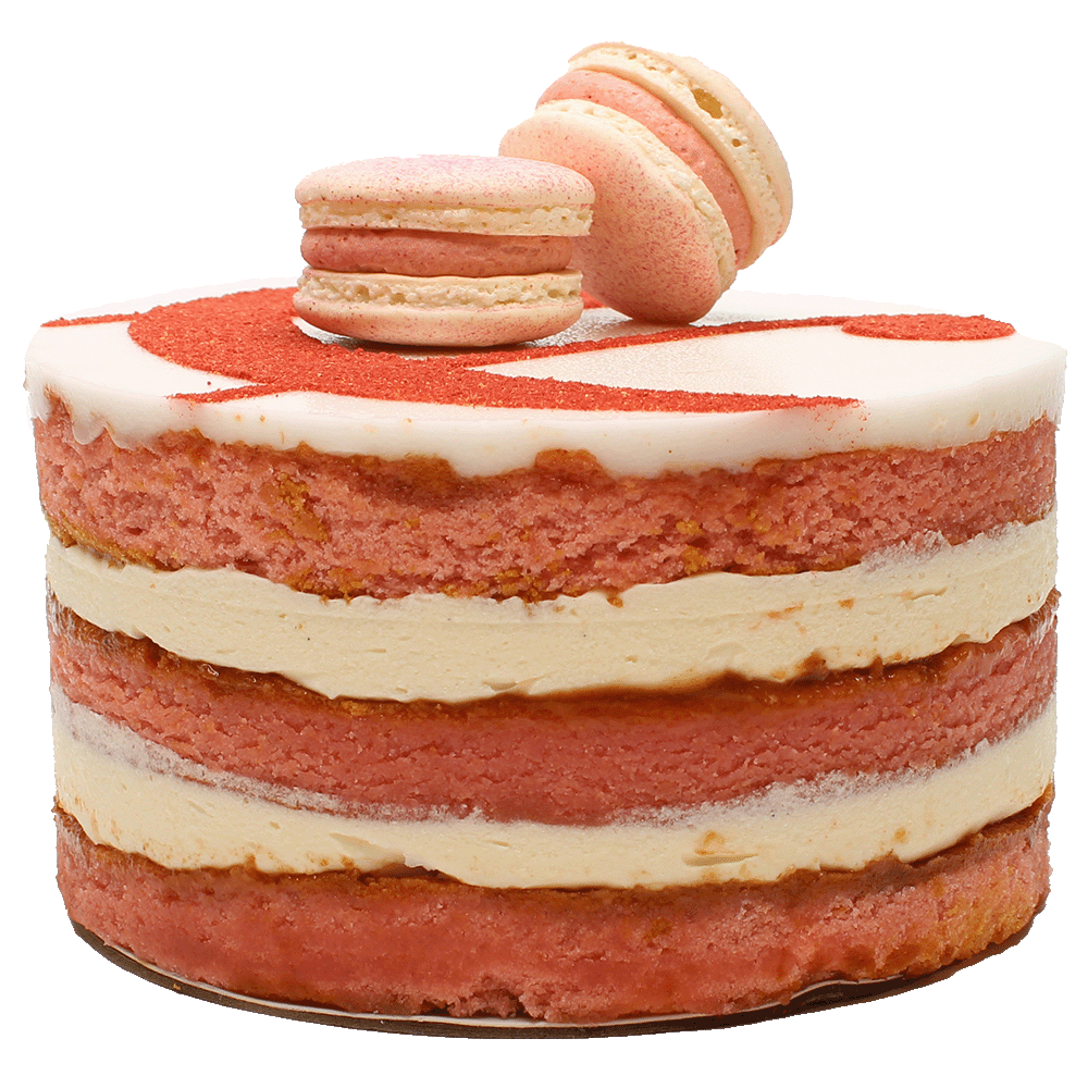 A Strawberries & Cream cake with multiple layers, toped with icing, macarons and a curly ampersand design.