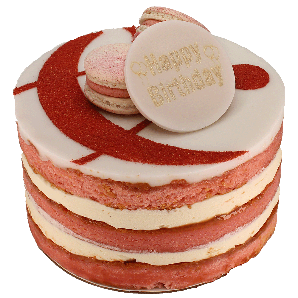 A Strawberries & Cream cake with multiple layers, toped with icing, macarons and a curly ampersand design and a 'Happy Birthday' plaque.