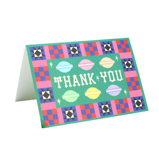 Green card with colourful  macaron illustrations and a colourful border with 'Thank You' text 
