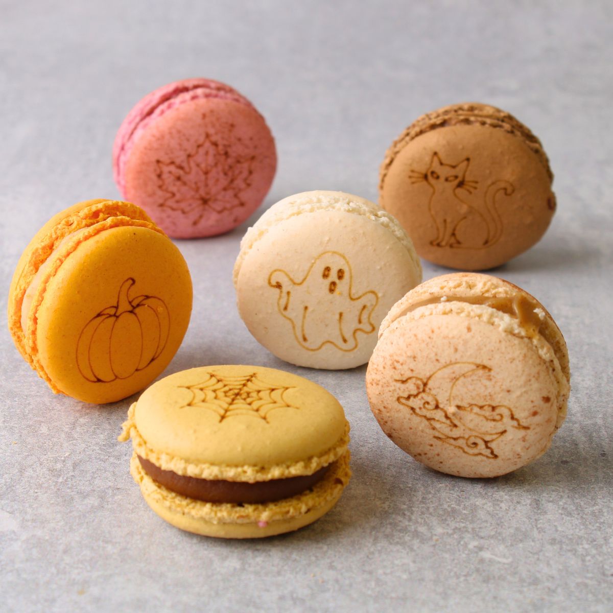 Six decorated macarons arranged on a light gray surface. The macarons come in orange, pink, cream, and brown colours, and are each engraved with a Halloween design including a pumpkin, ghost, cat, spiderweb, and a moon.