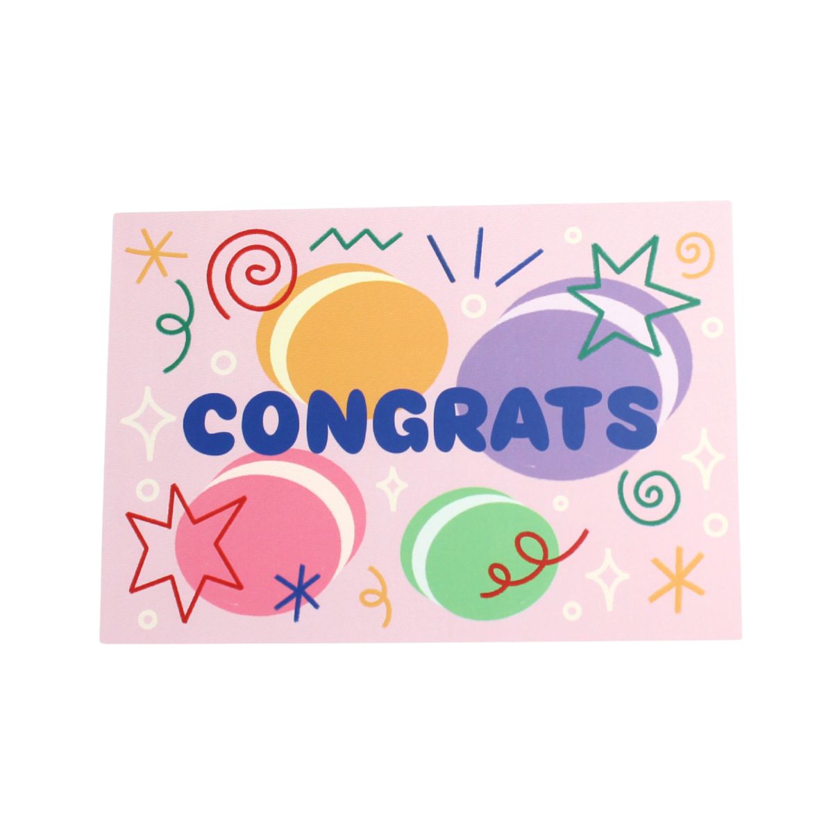 Colourful card with 'Congrats' text with macaron illustrations and stars and swirls