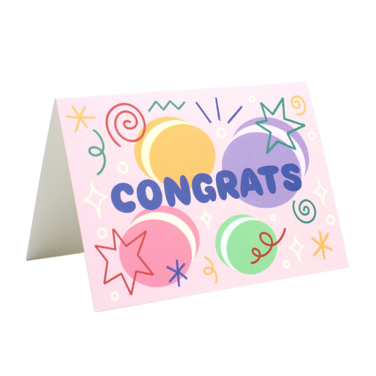 Colourful card with 'Congrats' text with macaron illustrations and stars and swirls