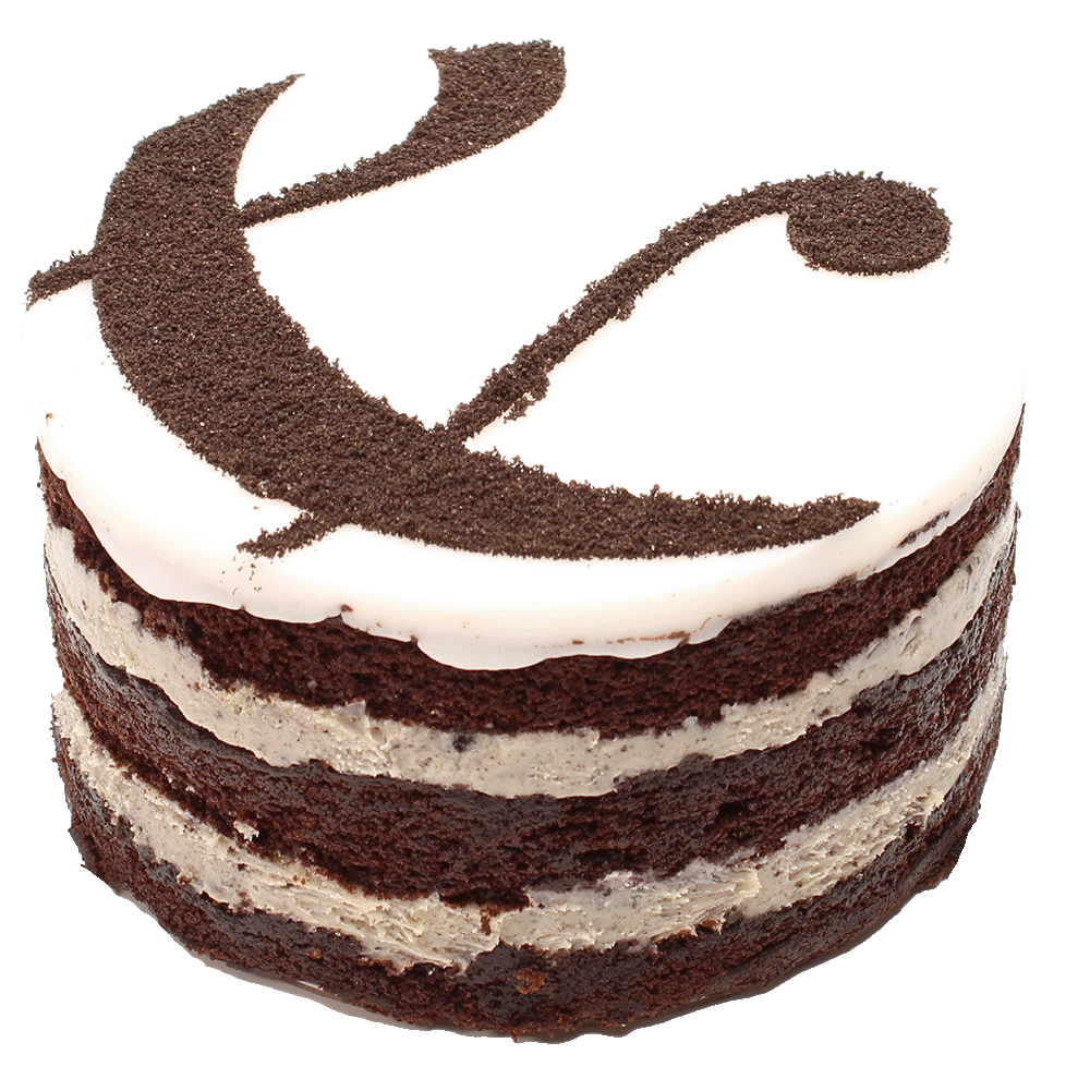 A Cookies & Cream cake with multiple layers, toped with icing and a curly ampersand design.