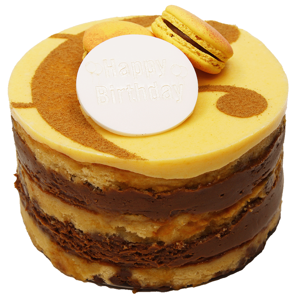 A Passionfruit and Milk Chocolate cake with multiple layers, toped with icing, macarons and a curly ampersand design and a 'Happy Birthday' plaque.