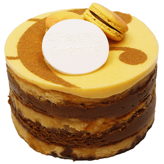 A Passionfruit and Milk Chocolate cake with multiple layers, toped with icing, macarons and a curly ampersand design and a 'Happy Birthday' plaque.