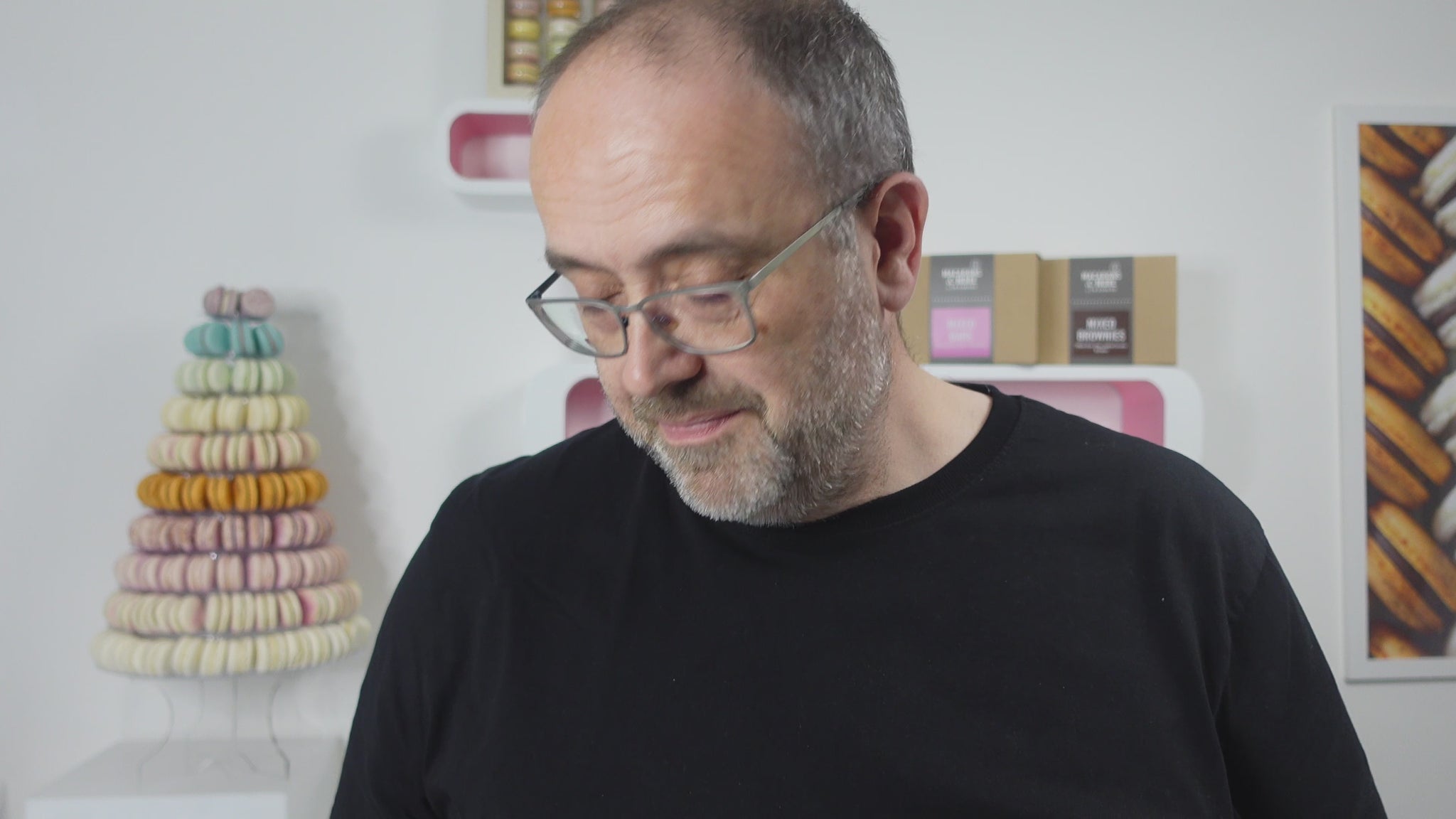 A video of Tim Kinnaird holding each macaron flavour up to show off their colours and designs.