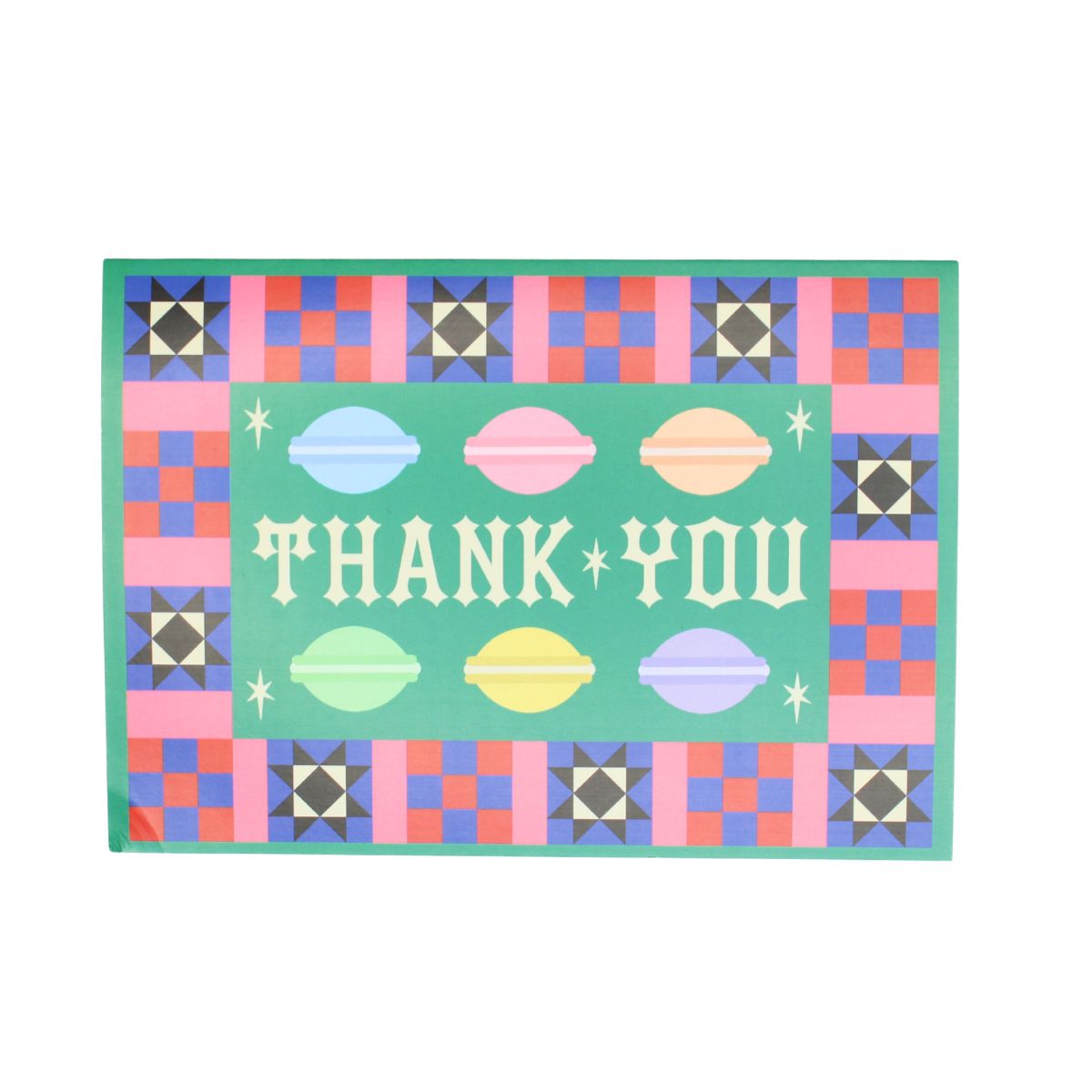 Green card with colourful  macaron illustrations and a colourful border with 'Thank You' text 
