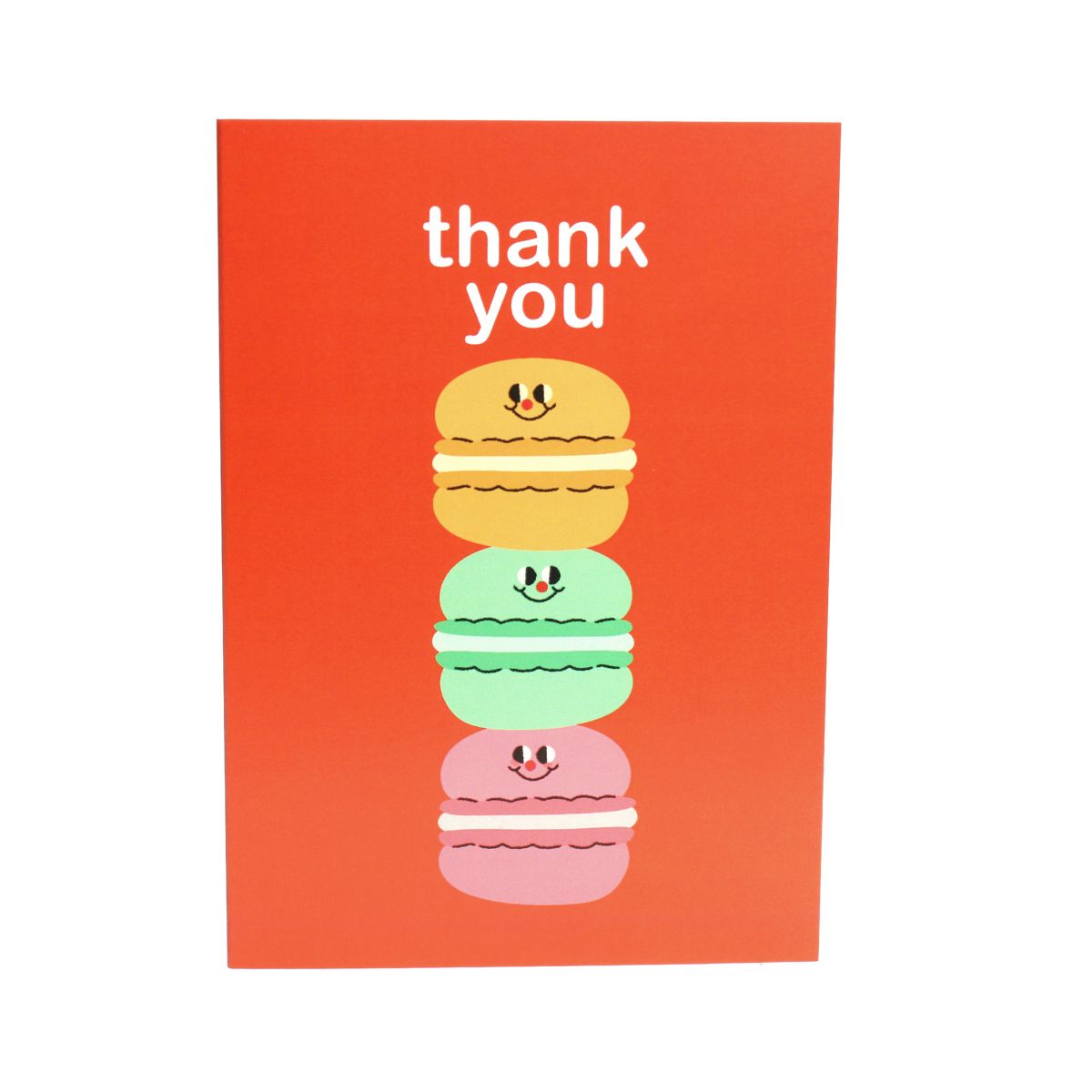 Orange greeting card with colorful illustration of a stack of macarons and 'thank you'